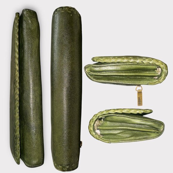 Hobo Intl Clutch Green Textured Leather Wallet Folding Wristlet Whipstitch Trim - Picture 4 of 9